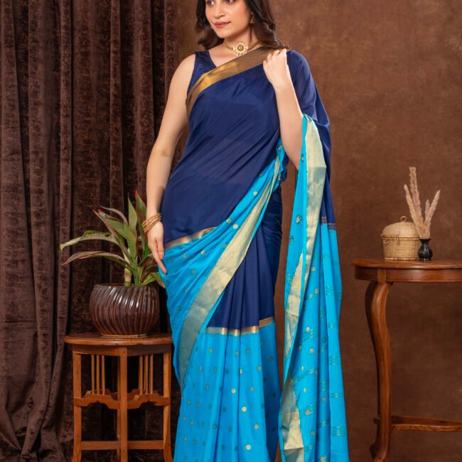 Full-length photo of navy blue georgette saree with sequin work